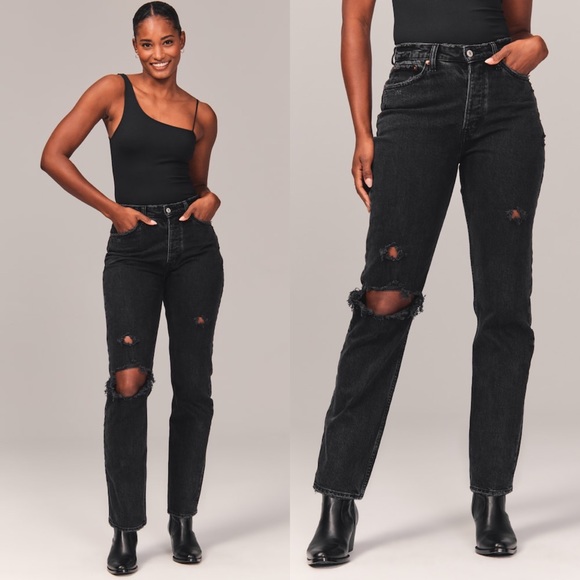 Abercrombie & Fitch Denim - Abercrombie & Fitch Curve Love High Rise Dad Jeans in Black Destroy sz 28